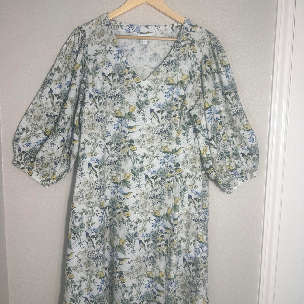 J.Jill Linen Midi Dress Large Lucite Bird Utopia Puff Sleeve Cottage Coastal - Picture 3 of 16